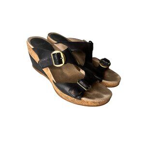 Dansko Carla Platform Wedge Sandals Black Sz 41 Peep Toe Buckle Strap Colorblock